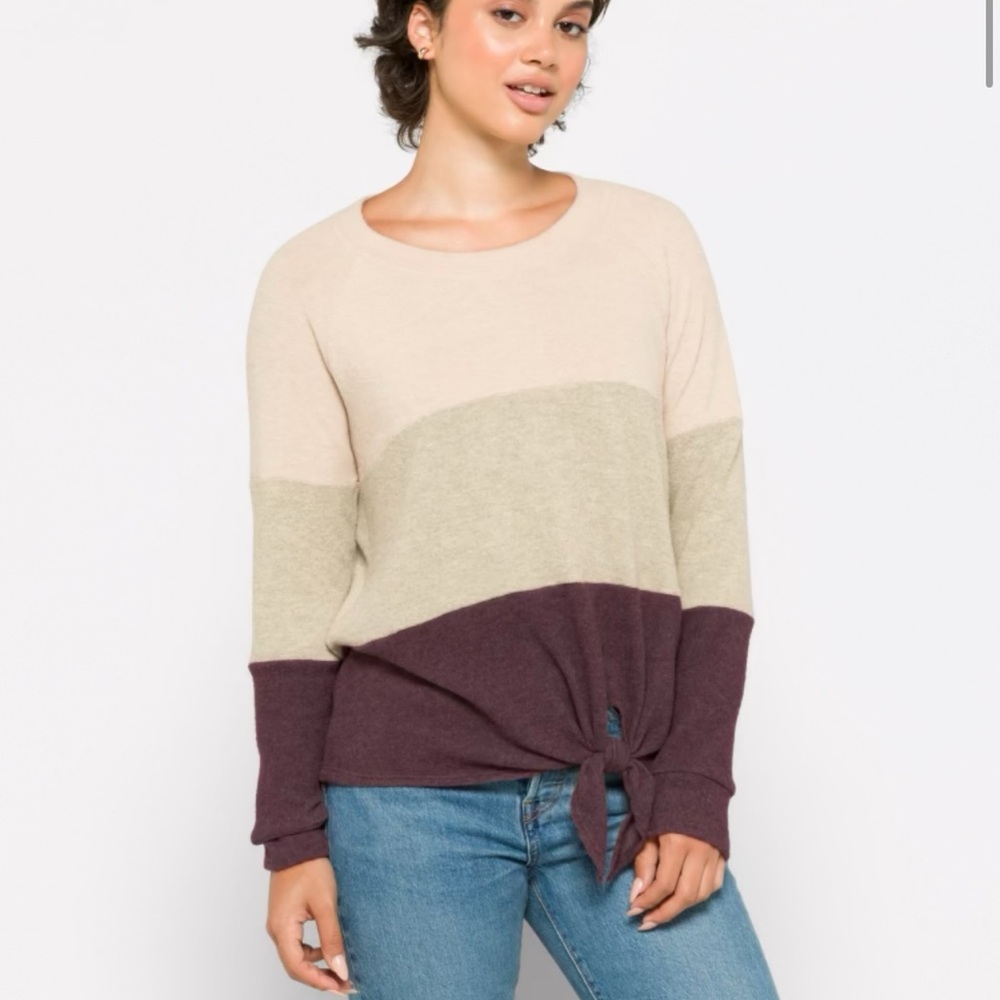 NINE BRITTON Araya Tie Front Brushed Knit Top Colorblock Tie-Front Sweater